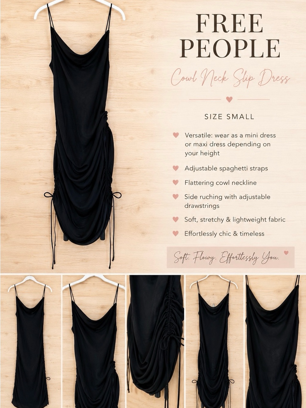 Free People Black Cowl-Neck Ruched Slip Mini Dress